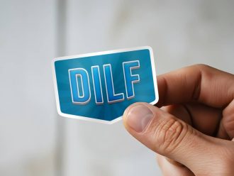Man holding DILF Father's Day sticker