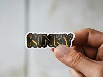 Man holding Kinky sexy adult sticker