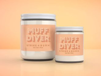 Muff Diver naughty lesbian pride candle fresh sea salt aloe with playful adult humor confidence