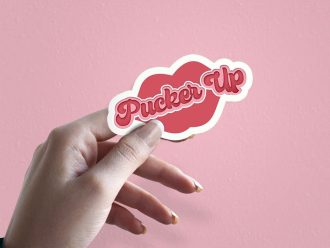 Woman holding Pucker Up couples love sticker