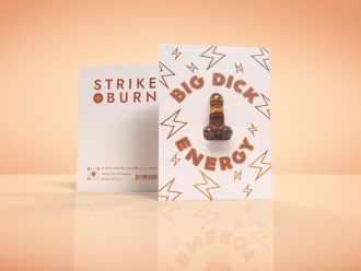 Big Dick Energy funny birthday card with removable crystal penis and bronze foil lightning bolts shown front and back on colorful background