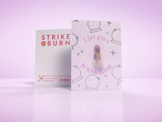 I See Dick In Your Future funny bachelorette party card with removable crystal penis and silver foil crystal balls shown front and back on colorful background