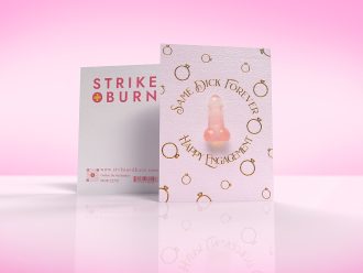 Same Dick Forever funny engagement card with removable crystal penis and gold foil wedding rings shown front and back on colorful background