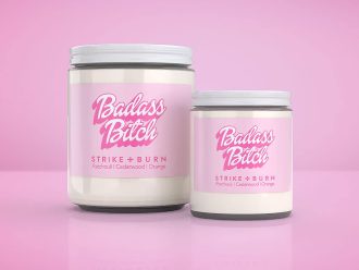 Badass Bitch feminist patchouli cedarwood candle with bold 70s  groovy empowerment vibes