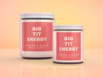 Big Tit Energy body-positive candle mango coconut cream with busty bravado confidence humor