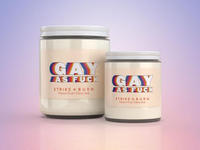 Gay As Fuck bold LGBTQ pride candle passion fruit citrus with  loud proud fabulous rainbow vibes