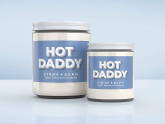 Hot Daddy masculine Father's Day candle teakwood spice sandalwood with scorching dad energy blue label