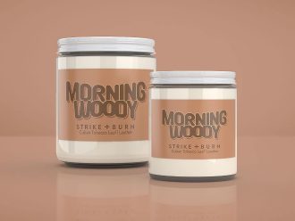 Morning Woody funny men's candle Cuban tobacco leather with  cheeky early-morning masculine humor