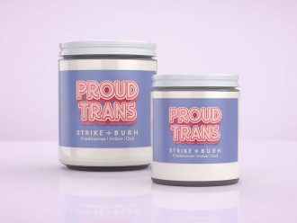 Proud Trans empowerment pride candle frankincense amber oud with resilient visibility strength vibes